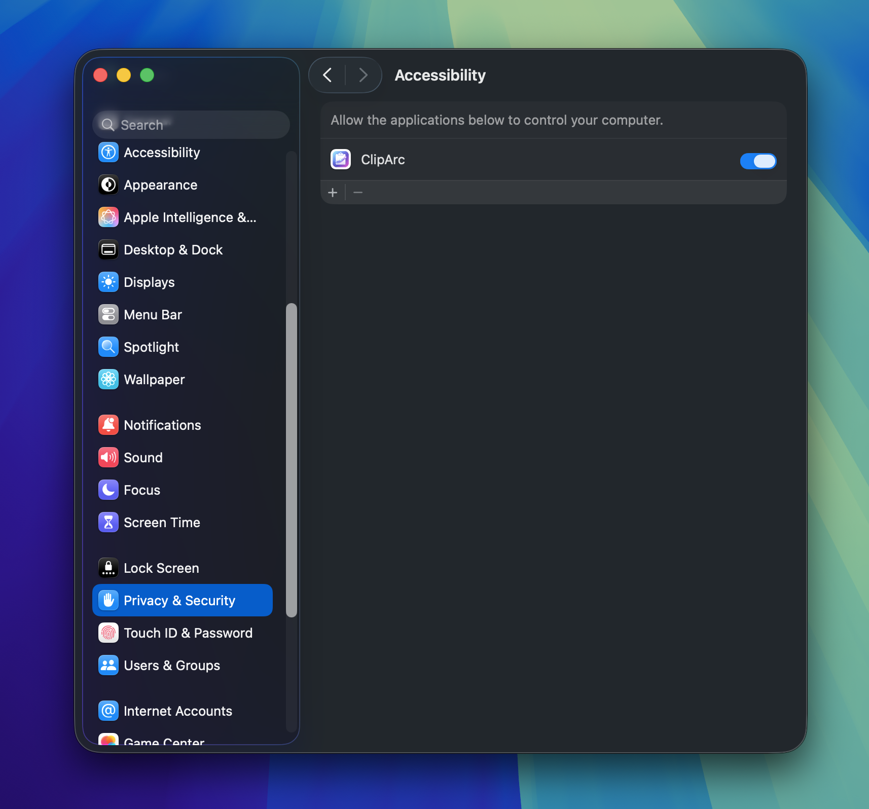 macOS Accessibility Settings showing ClipArc